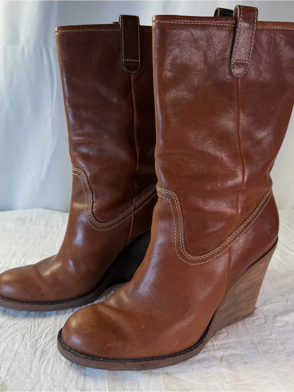 Frye Caroline sz9.5 Brown Leather Wooden Wedge Mid-Calf PullOnBoots Western